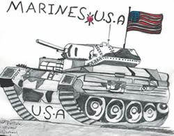 Ao lado, desenho de um menino de dez anos intitulado Marines U.S.A. Irak, feito após uma operação norte-americana para "libertar o Iraque", e exposto na galeria de arte Puffin Room de Nova Iorque (Fonte: exposição Shocked and Awed, Nova Iorque, EUA)