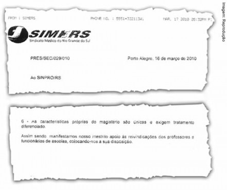 Trecho de correspondência do Simers ao Sinpro/RS 