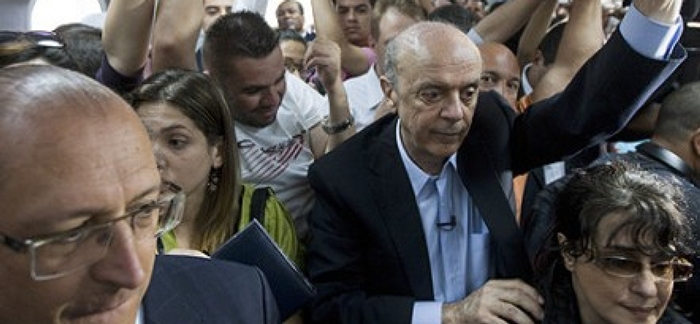 Os ex-governadores Geraldo Alckmin e José Serra, ambos do PSDB, na inauguração da Linha 8-Diamante, da CTPM