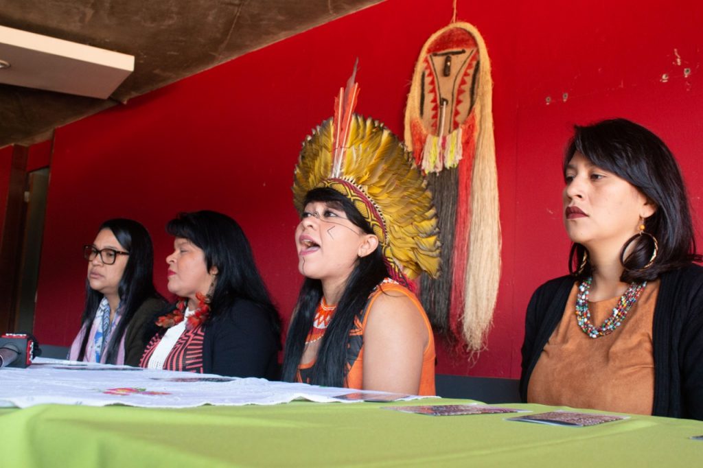 Junto com Sônia Guajajara (MA), Cristiane Julião Pankararu (PE) e Célia Xakriabá (MG), a representante da região Sul, Nyg Kiutá Kaingang, da Terra Indígena Apucaraninha (PR), compôs a mesa da coletiva à imprensa. 