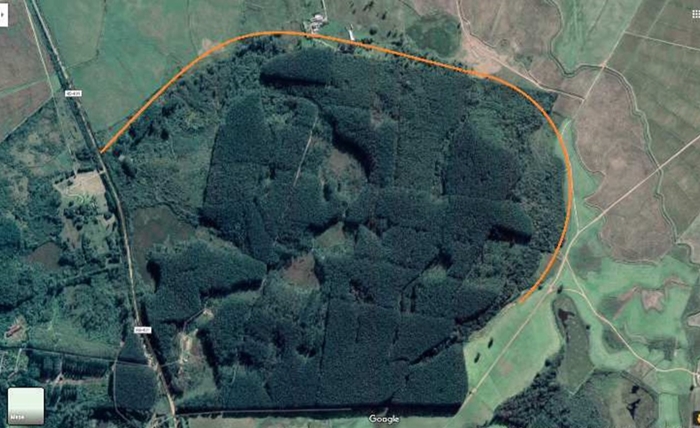 Área da aldeia Tekoá Guajayví com vegetação nativa (linha laranja) que foi omitida pelo EIA/Rima do projeto