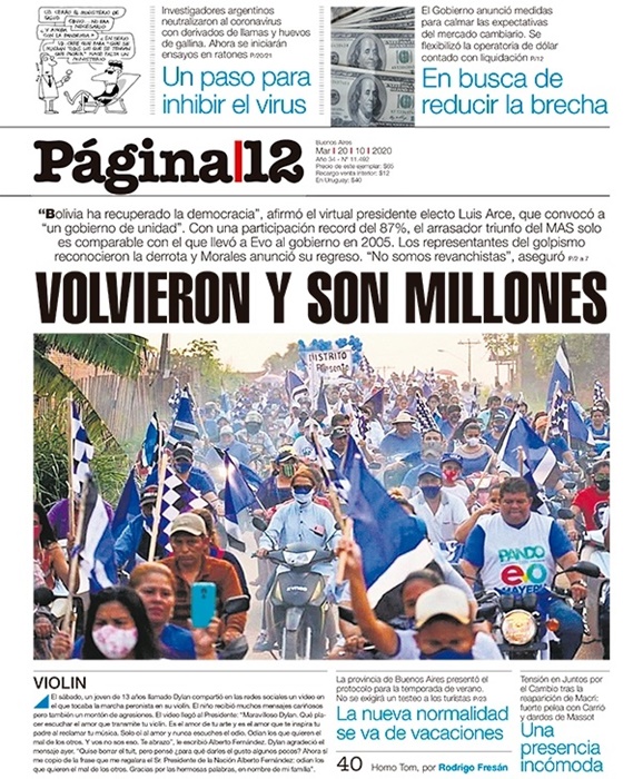 Capa desta terça-feira, 20, do jornal argentino Pagina 12 destaca levante indígena que devolve o país a um governo popular após o golpe de 2019