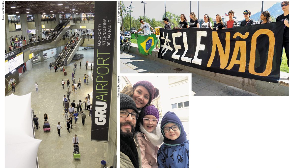 Vista do saguão do Aeroporto Internacional de Guarulhos, em São Paulo (à esquerda). Alice Adams com sua família (embaixo e à direita); Isabela Vargas, Santiago (Chile) de camisa branca acima, durante protesto; vista do saguão do Aeroporto Internacional de Guarulhos, em São Paulo (à esquerda)