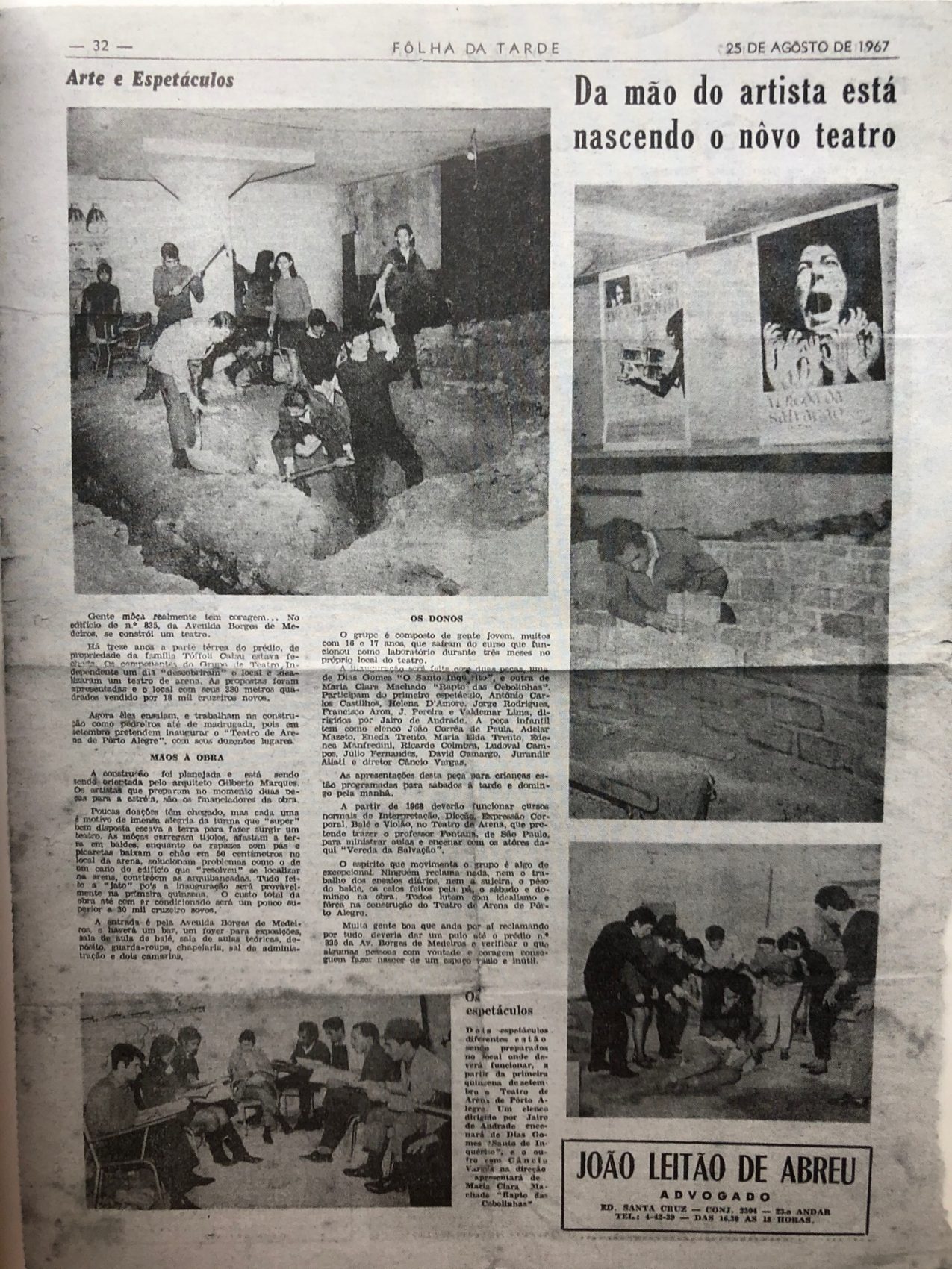 Folha da Tarde de 25 de agosto de 1967 noticia nascimento do Teatro de Arena, na Capital. Imagem do livro Teatro de Arena Palco de Resistência, de Rafael Guimaraens