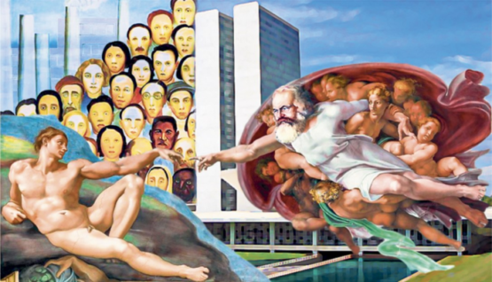 A entrevista e o futuro | Arte: Colagem de Fabio Edy Alves sobre “Criação de Adão”, de Michelangelo, e “Operários”, de Tarsila do Amaral